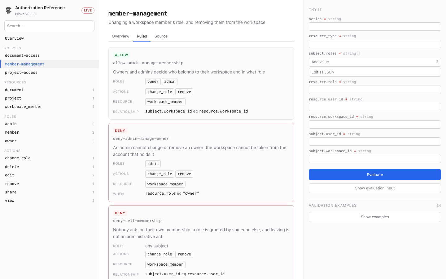 The Rules tab of a policy in the Authorization Reference