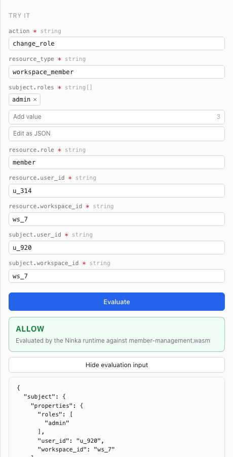 A verdict, with the evaluation input shown